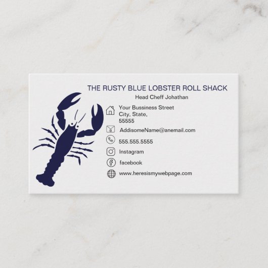 Carte De Visite MARINE Bleu Homard Fruits de mer Noir Simple Nauti (Devant)