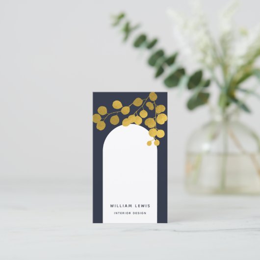 Carte De Visite Marine Bleu Or Feuilles Arche moderne Code QR (Debout devant)