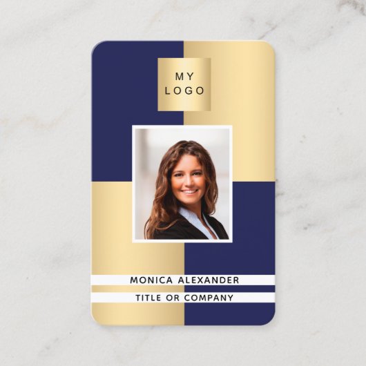 Carte De Visite Marine bleu profil or photo entreprise code QR (Devant)