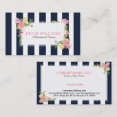 Carte De Visite Marine Bleu Stripes & Roses d'aquarelle rose (Devant / Derrière)