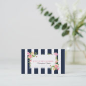 Carte De Visite Marine Bleu Stripes & Roses d'aquarelle rose (Debout devant)