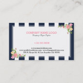 Carte De Visite Marine Bleu Stripes & Roses d'aquarelle rose (Dos)