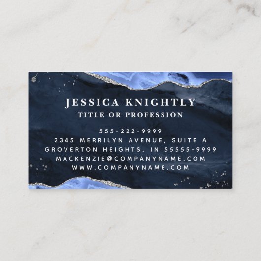 Carte De Visite Marine Blue Agate Géode Monogramme Argent Script (Dos)
