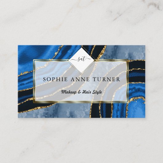Carte De Visite Marine Blue Agate Gold Initiales Logo Maquillage A (Devant)