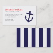 Carte De Visite Marine Blue Cute Ancre nautique et rayures (Devant / Derrière)