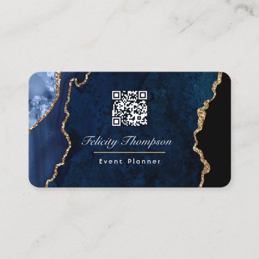 Carte De Visite Marine Blue et Gold Géode Agate Stone QR Code (Devant)