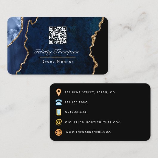 Carte De Visite Marine Blue et Gold Géode Agate Stone QR Code (Devant / Derrière)