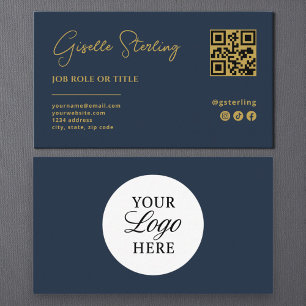Carte De Visite Marine Blue Gold Logo QR Code Professional Company