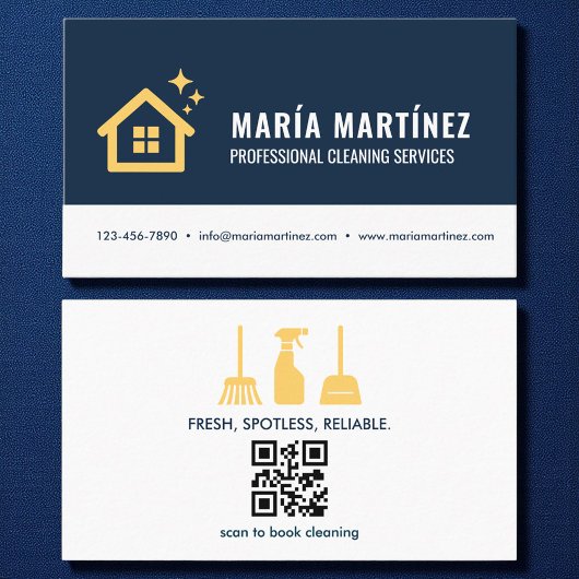 Carte De Visite Marine Blue & Gold QR Code Services de nettoyage d