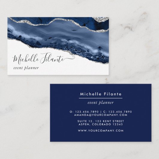 Carte De Visite Marine et Argent Agate (Devant / Derrière)