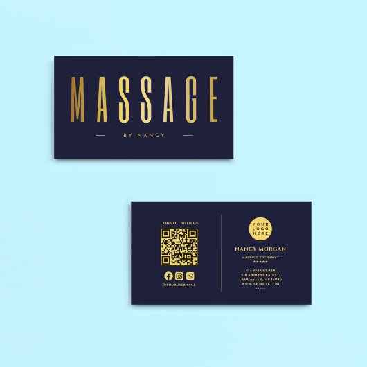 Carte De Visite Marine & Gold Massage Therapist QR Code Et Logo