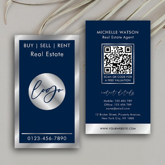 Carte De Visite Marine & Silver Logo Elegant Immobilier Code QR