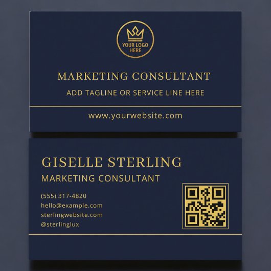 Carte De Visite Marketing Consultant Blue Gold Logo QR Code