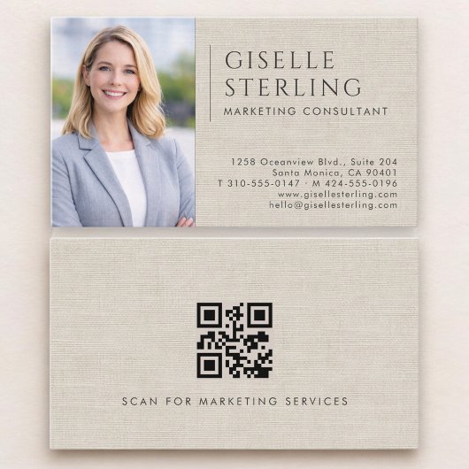 Carte De Visite Marketing Consultant Linen Photo QR Code