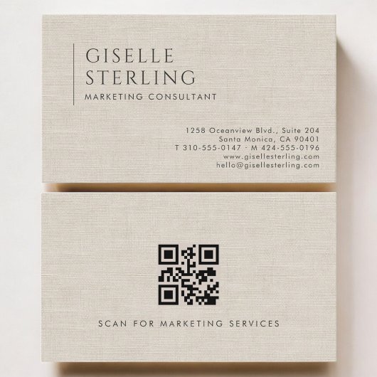 Carte De Visite Marketing Consultant Luxury Neutral Linen QR Code