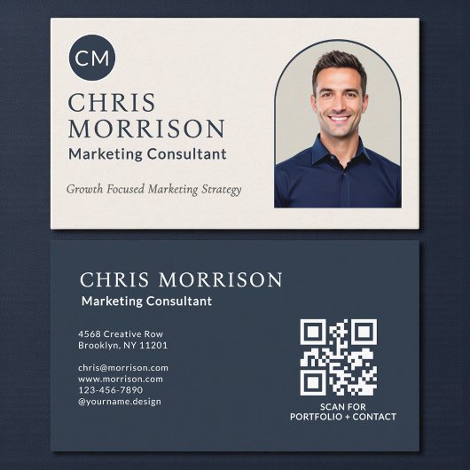 Carte De Visite Marketing Consultant Photo QR Code Navy Blue