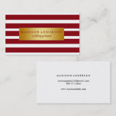 Carte De Visite Maroon & White Chic Stripes en or (Devant / Derrière)