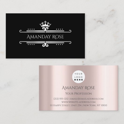 Carte De Visite Marque Royale Nom Rose Silver Black Frame (Devant / Derrière)