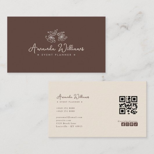 Carte de visite marron élégante avec QR Code pour (Devant / Derrière)