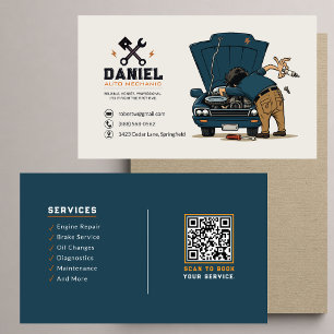 Carte De Visite Mascotte drôle de mécanicien automobile Code QR Ré