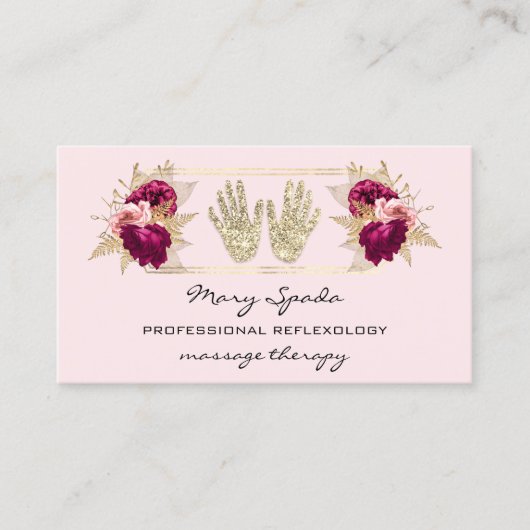 Carte De Visite Massage Réflexologie Reiki Mains Or QRCode Floral (Devant)
