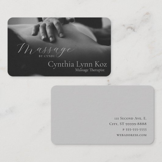 Carte De Visite Massage Text Photo BW Hands Background (Devant / Derrière)