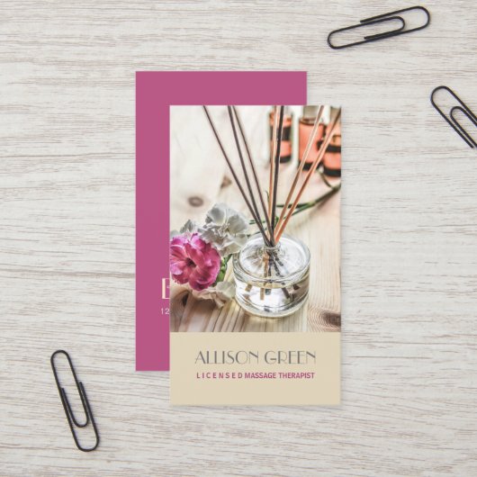 Carte De Visite Massage Thérapie Aromathérapie à l'huile essentiel (Devant/Arrière en situation)