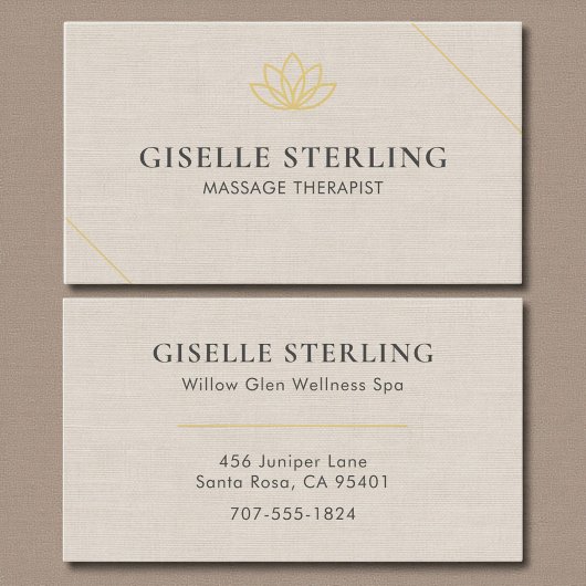 Carte De Visite Massage Therapist Linen Neutral Minimalist Lotus