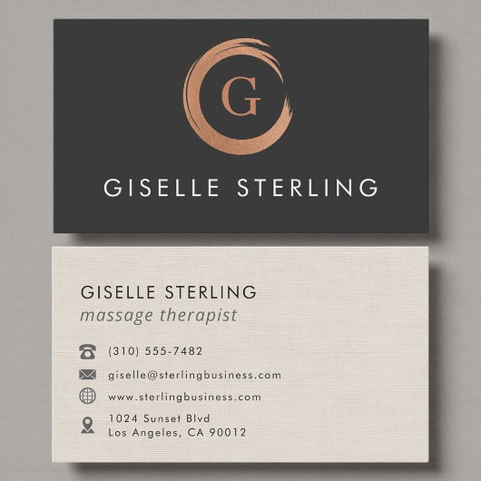 Carte De Visite Massage Therapist Monogram Metallic Rose Gold