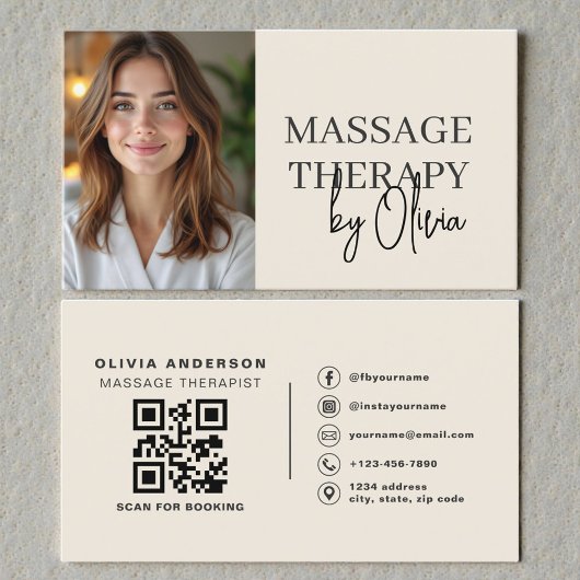 Carte De Visite Massage Therapist Neutral Beige Photo QR Code