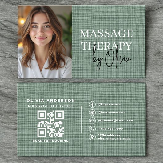 Carte De Visite Massage Therapist Photo Linen Sage Green 