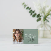 Carte De Visite Massage Therapist Photo Linen Sage Green  (Debout devant)