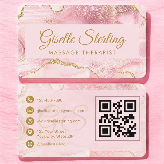 Carte De Visite Massage Therapist Pink Gold Agate QR Code