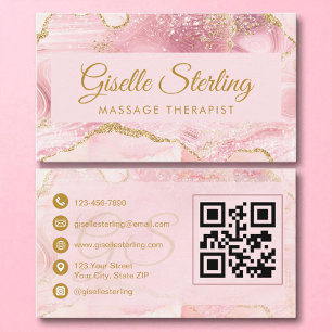 Carte De Visite Massage Thérapiste Blush Pink Or Agate QR Code