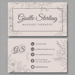 Carte De Visite Massage Thérapiste Blush Rose Floral Line Art