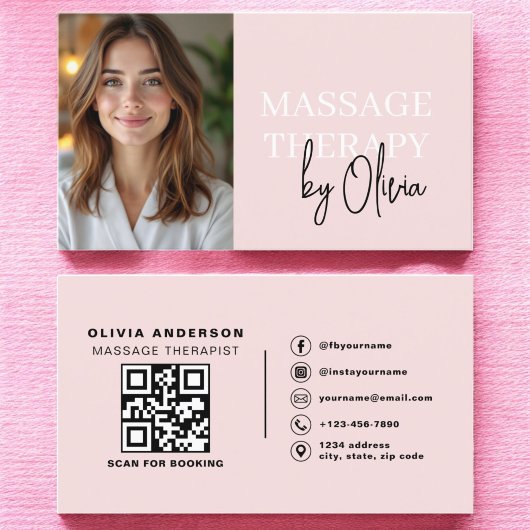 Carte De Visite Massage Thérapiste QR Code Blush Pink Photo