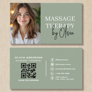 Carte De Visite Massage Thérapiste QR Code Sage Green Photo