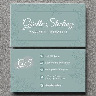 Carte De Visite Massage Thérapiste Turquoise Floral Line Art Scrip