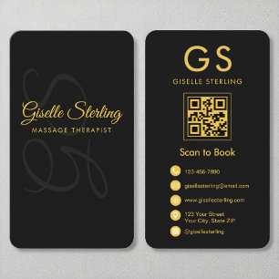 Carte De Visite Massothérapeute Monogram Black Gold QR Code