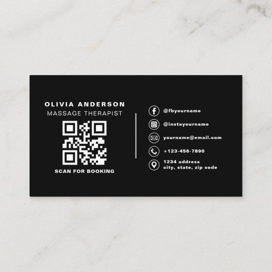 Carte De Visite Massothérapeute QR Code noir blanc (Dos)