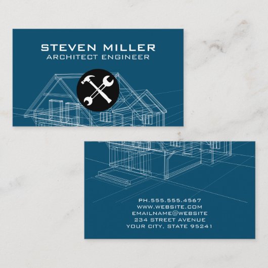 Carte De Visite Matériel | Schéma d'impression bleue | Architecte (Devant / Derrière)
