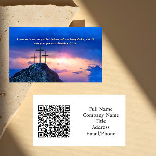 Carte De Visite Matthieu 11:28 Trois croix Sunset QR code