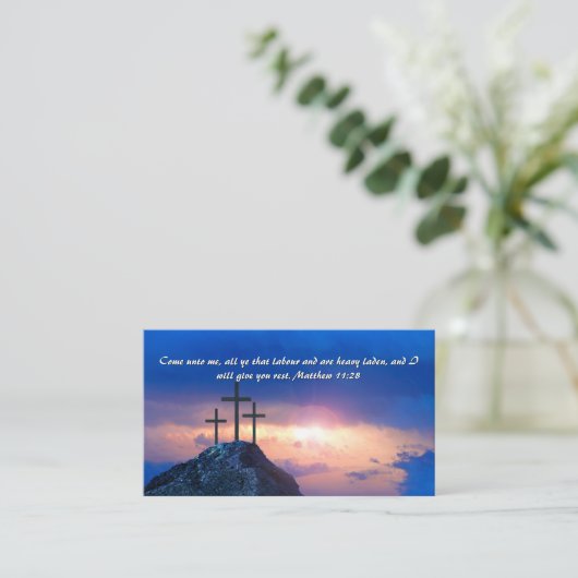 Carte De Visite Matthieu 11:28 Trois croix Sunset QR code (Debout devant)