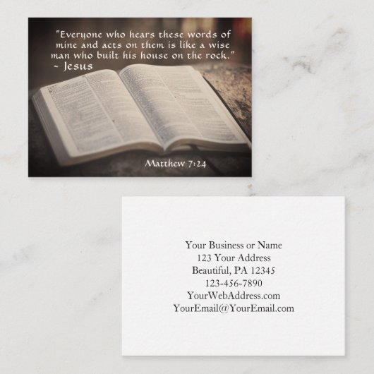 Carte De Visite Matthieu 7:24 Construisit sa maison sur le rocher, (Devant / Derrière)