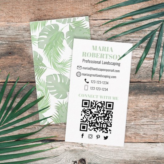 Carte De Visite Me connecter | QR Code Social Media Palm Feuilles