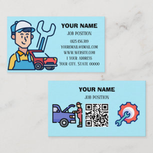 Carte De Visite Mécanicien Automobile Moderne Code QR Bleu Clair