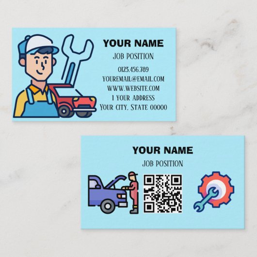 Carte De Visite Mécanicien Automobile Moderne Code QR Bleu Clair (Devant / Derrière)