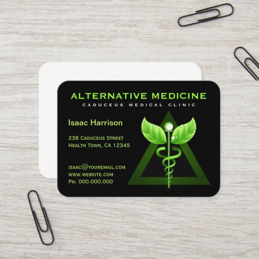 Carte De Visite Médecine alternative unique Vert Caduceus Noir (Devant/Arrière en situation)