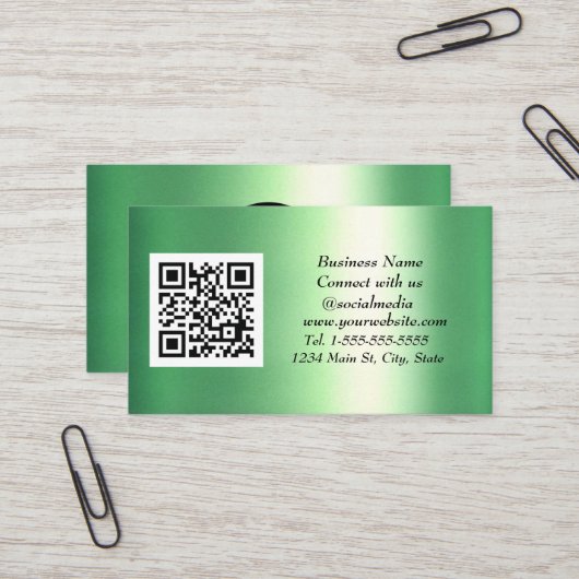 Carte De Visite Médias sociaux QR Code Emerald Green Metallic (Devant/Arrière en situation)