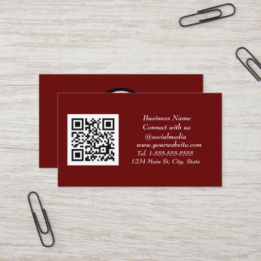 Carte De Visite Médias sociaux QR Code scanner Bourgogne Maroon (Devant/Arrière en situation)